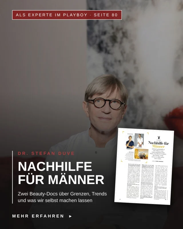 Ich war im PLAYBOY.

In der Rubrik "Pflege" auf Seite 80 geht es um ein Thema, über das Männer noch immer weniger offen sprechen als Frauen: Nachhilfe fürs Gesicht. Gemeinsam mit meinem Kollegen Dr. Christian Merkel habe ich mich den Fragen der Redaktion gestellt.

Meine wichtigsten Gedanken daraus:

→ Männern geht es heute nicht mehr nur um Falten. Mit Abnehmspritzen wie Ozempic und wachsendem Sport- und Ernährungsbewusstsein suchen sie ein frischeres, ausgeschlafeneres Gesamtbild.
→ Ich lasse selbst behandeln, was ich meinen Patienten empfehle, zum Beispiel Botox bei Zornes- und Stirnfalten oder eine Unterlidstraffung.
→ Biostimulatoren werden meiner Meinung nach Bestand haben. Bei Exosomen bin ich derzeit skeptisch, die Datenlage ist noch dünn.

Das ganze Interview findet ihr im aktuellen PLAYBOY auf Seite 80. Ich freue mich, wenn ihr reinlest.

Dr. Stefan Duve, Haut- und Laserzentrum an der Oper in München

#PlayboyMagazin #ÄsthetischeMedizin #Dermatologie #MenAntiAging #München