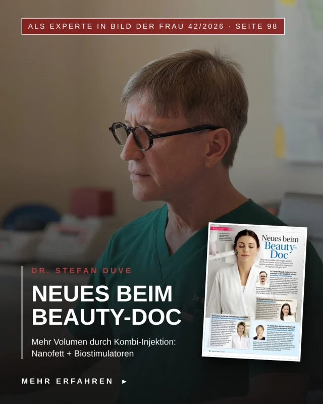 Ich bin in BILD der FRAU.

In der Ausgabe 42/2026 auf Seite 98 ("Neues beim Beauty-Doc") stelle ich meine Methode für mehr Volumen und straffere Haut vor: die Kombi-Injektion aus Nanofett und Biostimulatoren.

So funktioniert sie:

1️⃣ Ich entnehme am Bauch oder Oberschenkel ein wenig Fett und verkleinere es zu Nanofett.
2️⃣ Das Nanofett injiziere ich zum Beispiel in die Wangen und stimuliere damit die eigene Regeneration.
3️⃣ Danach spritze ich zusätzlich einen Biostimulator, der die Produktion von Kollagen und Elastin weiter anregt.

Die Kombination eignet sich für Gesicht, Hals und Dekolleté. Die Ausfallzeit beträgt maximal zwei Tage, die Kosten liegen ab 2.500 €.

Den ganzen Beitrag gibt es in BILD der FRAU 42/2026 auf Seite 98. Schaut gern rein.

Dr. Stefan Duve, Haut- und Laserzentrum an der Oper in München

#BILDderFRAU #Nanofett #Biostimulatoren #Hautstraffung #Dermatologie